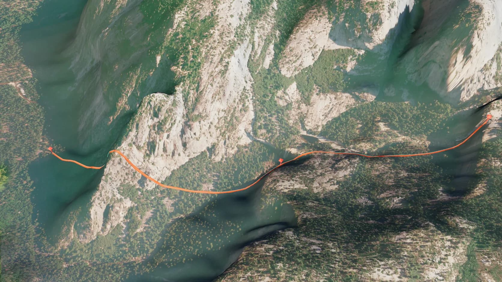 The Mist Trail in Yosemite drawn as an orange ribbon on real terrain with pins at its waypoints