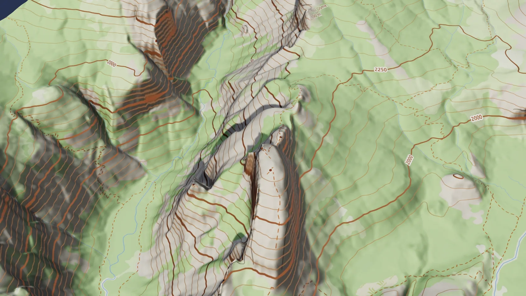 Half Dome and Yosemite Valley draped with a pale topographic map with brown contour lines and height labels