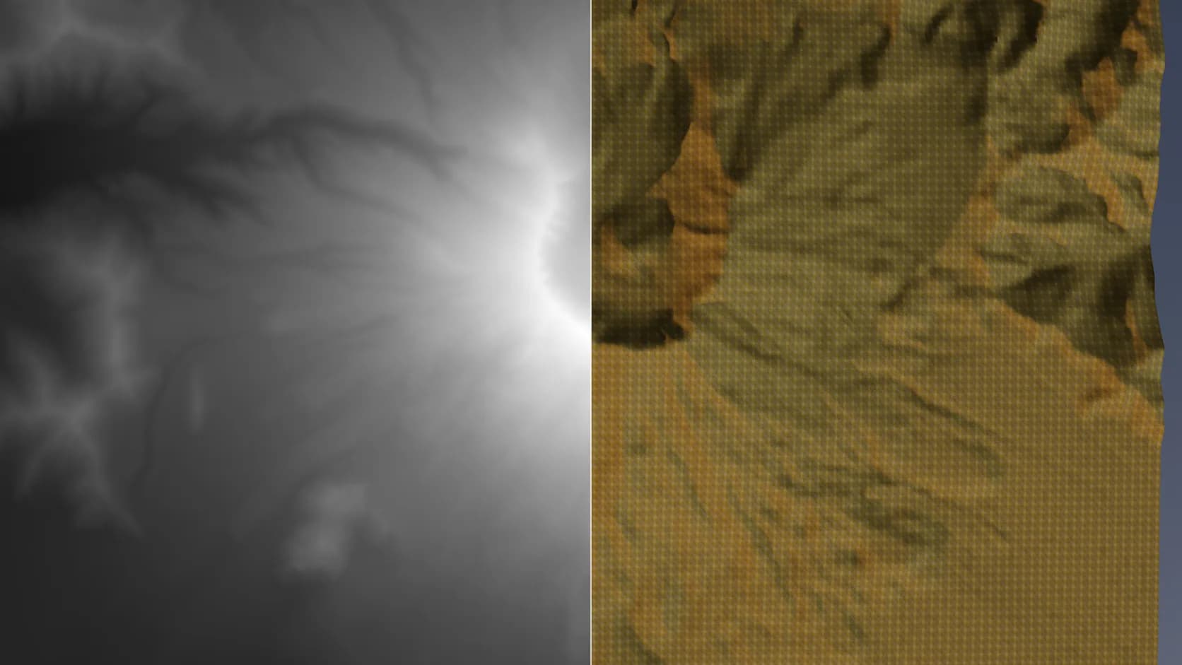 A grayscale heightmap on the left and the terrain mesh it produced on the right