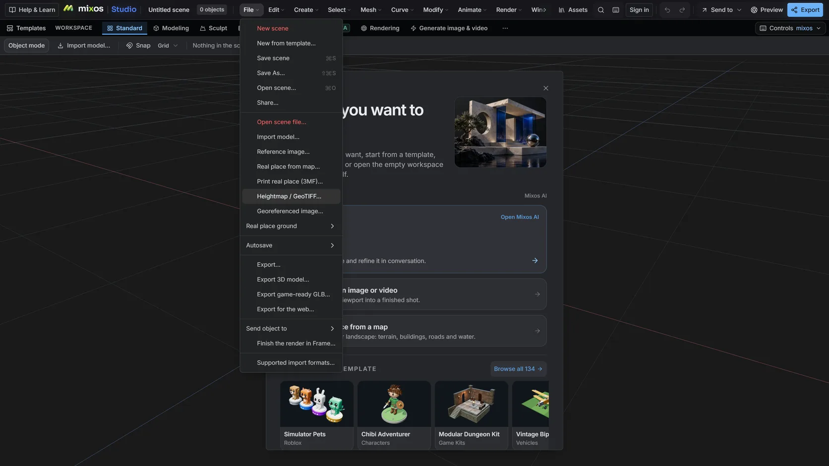 Studio's File menu open on Heightmap / GeoTIFF…