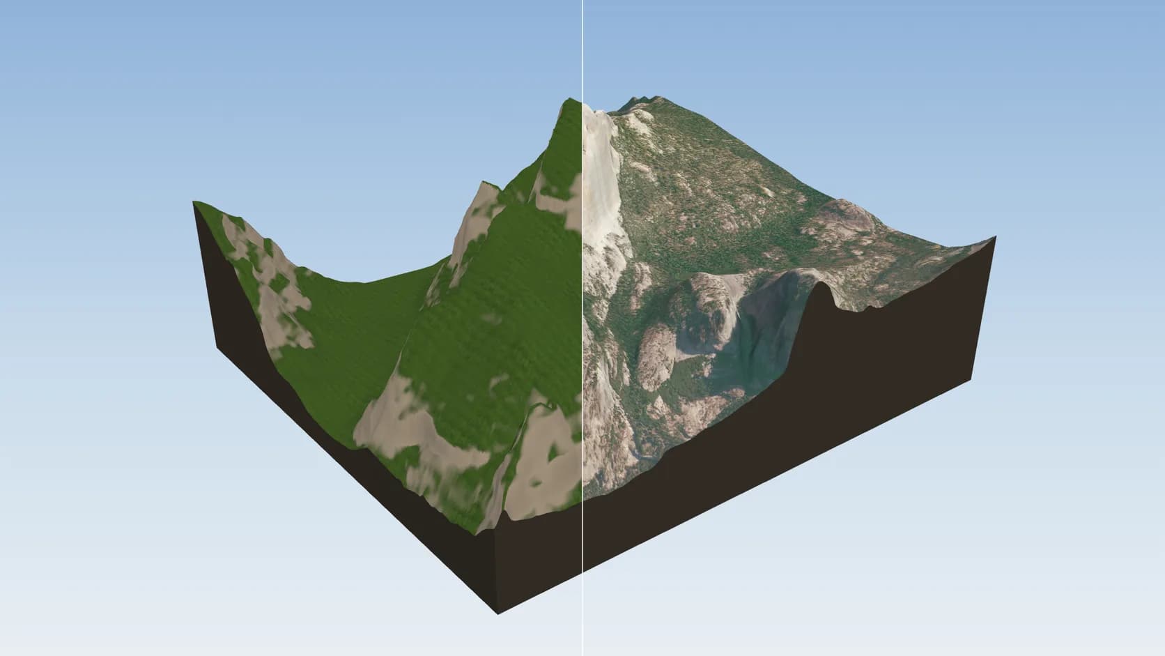 The same terrain with library-material ground on the left and draped aerial imagery on the right