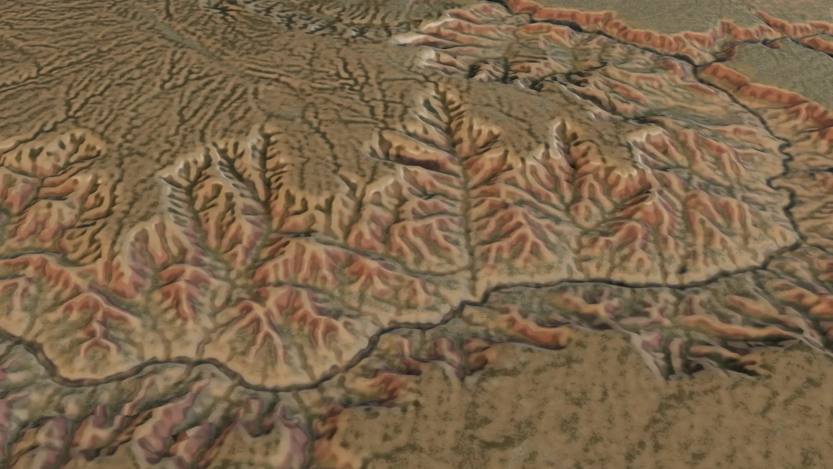 A 100 km wide terrain import of the Grand Canyon region with its side canyons painted in red and tan rock