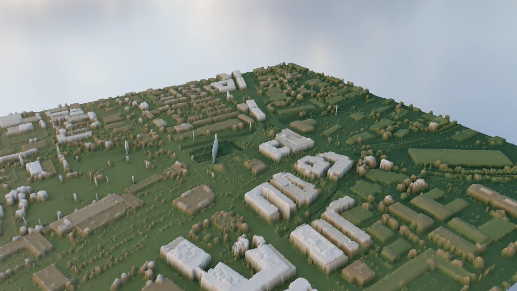 A mesh gridded from all LiDAR classes, with buildings and trees