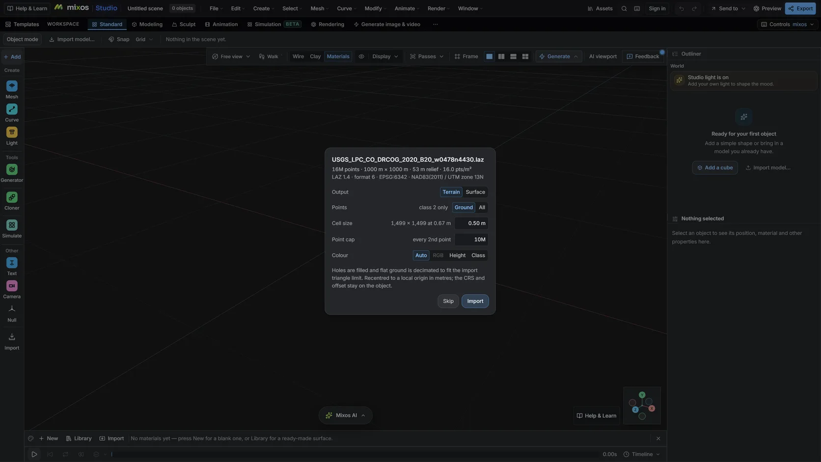 Studio's LiDAR import options showing point count, classes and cell size