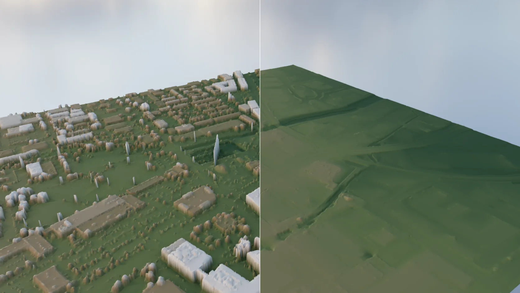 A LiDAR surface model with buildings and trees on the left and bare-earth ground on the right