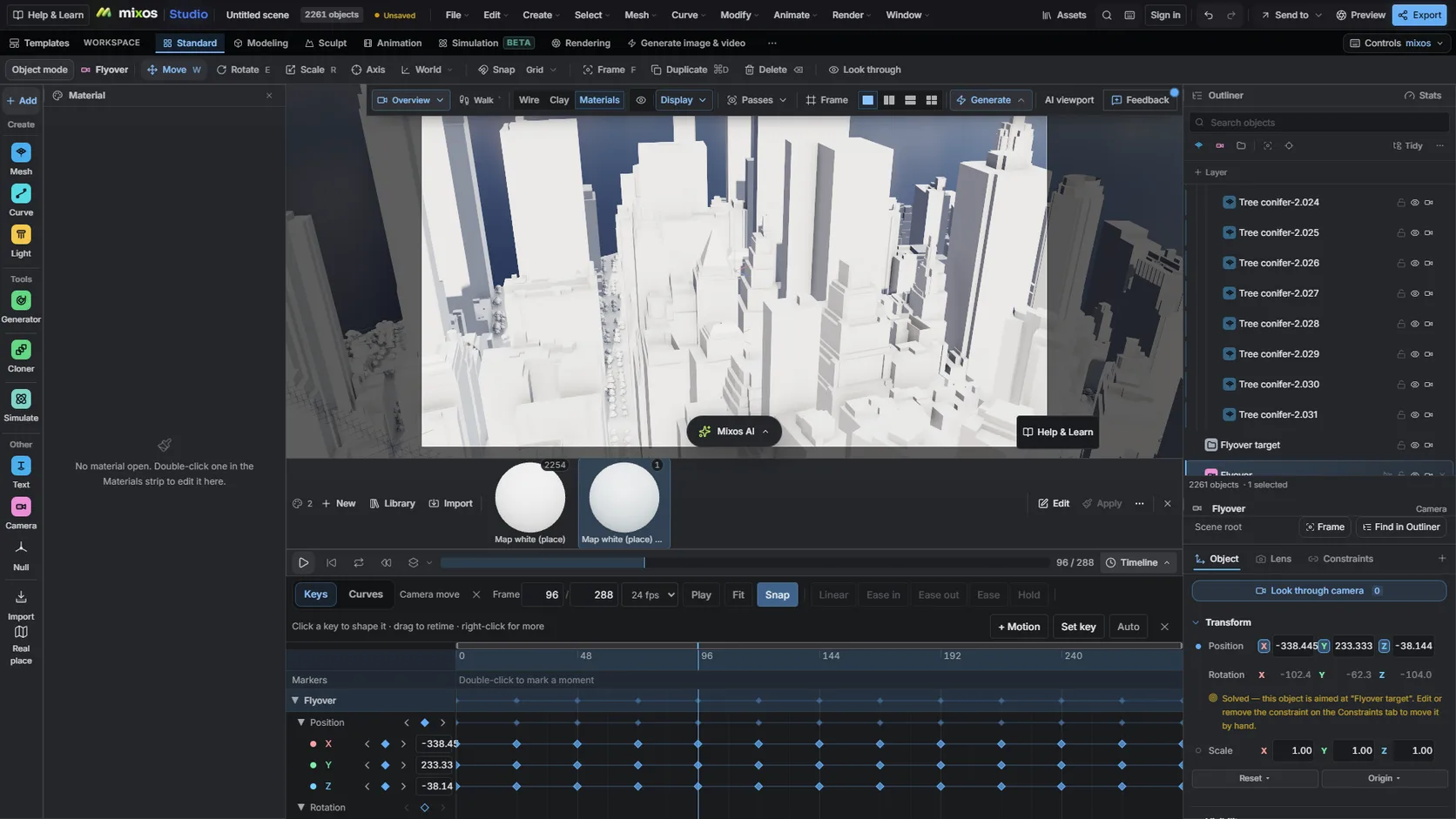 Studio with a crane camera move keyed on the timeline over Lower Manhattan in the Map style