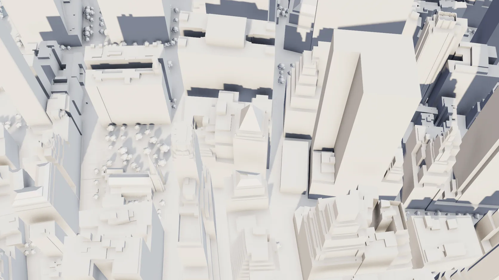 Lower Manhattan as a designed 3D map: matte white towers, trees and ground