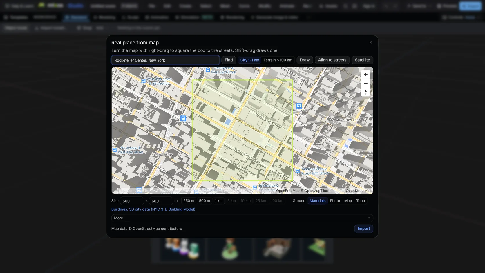 The Real place picker with a box drawn over a dense city centre