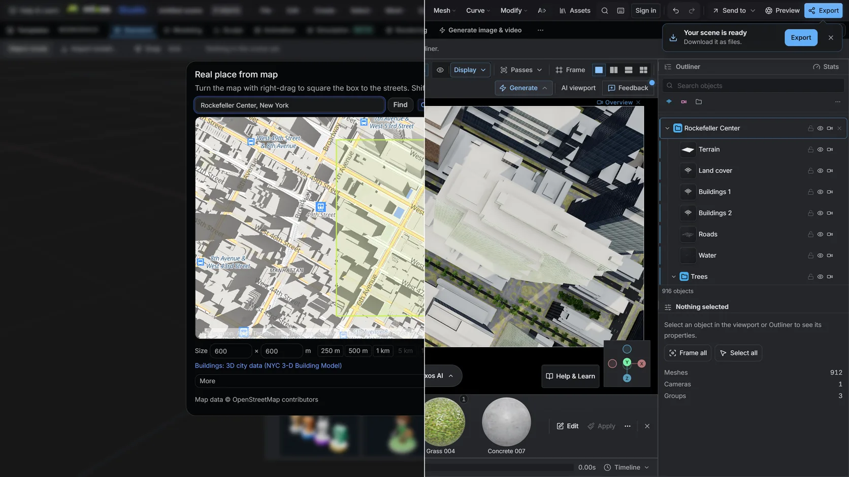 A map area on the left and the same area as an extruded 3D model on the right