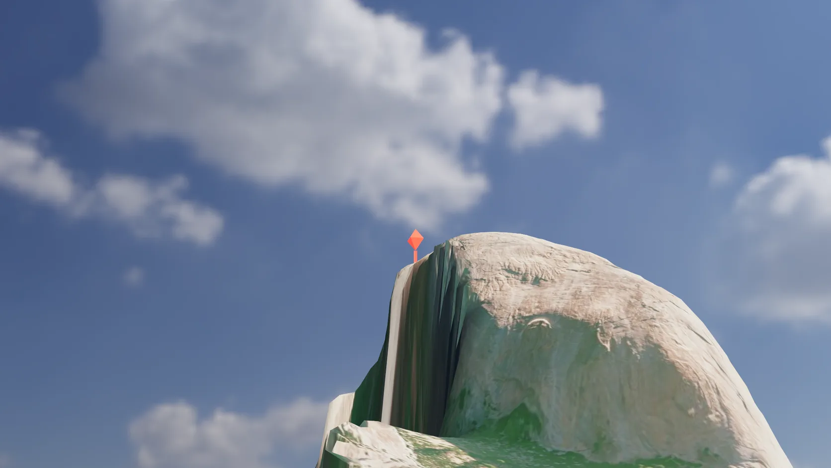 A red pin standing on the summit of Half Dome in an imported Yosemite landscape