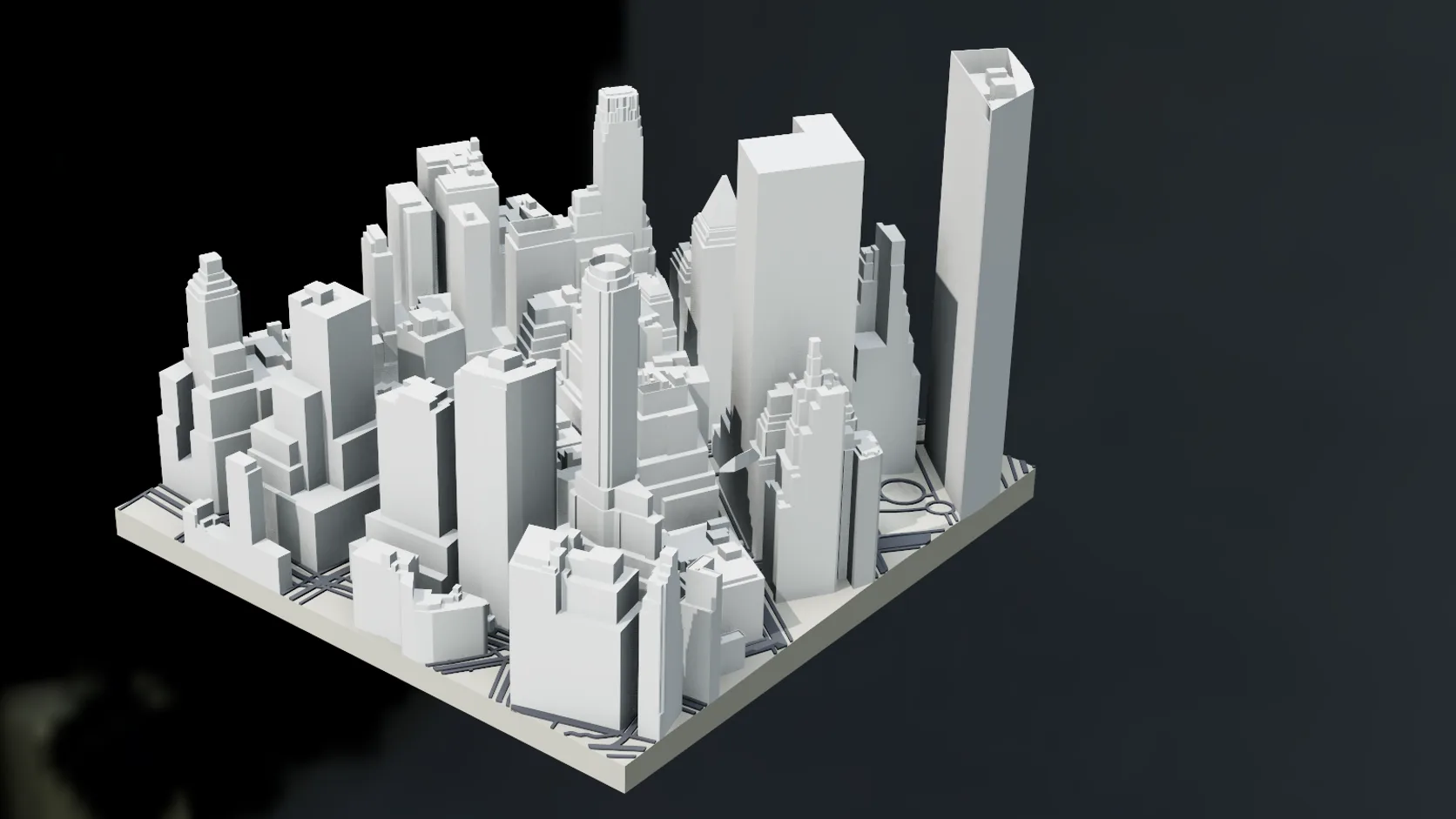 A printable block of Lower Manhattan's towers on a solid base