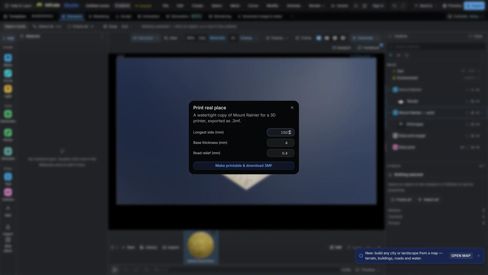 Studio's Make printable settings beside a terrain model on a solid base