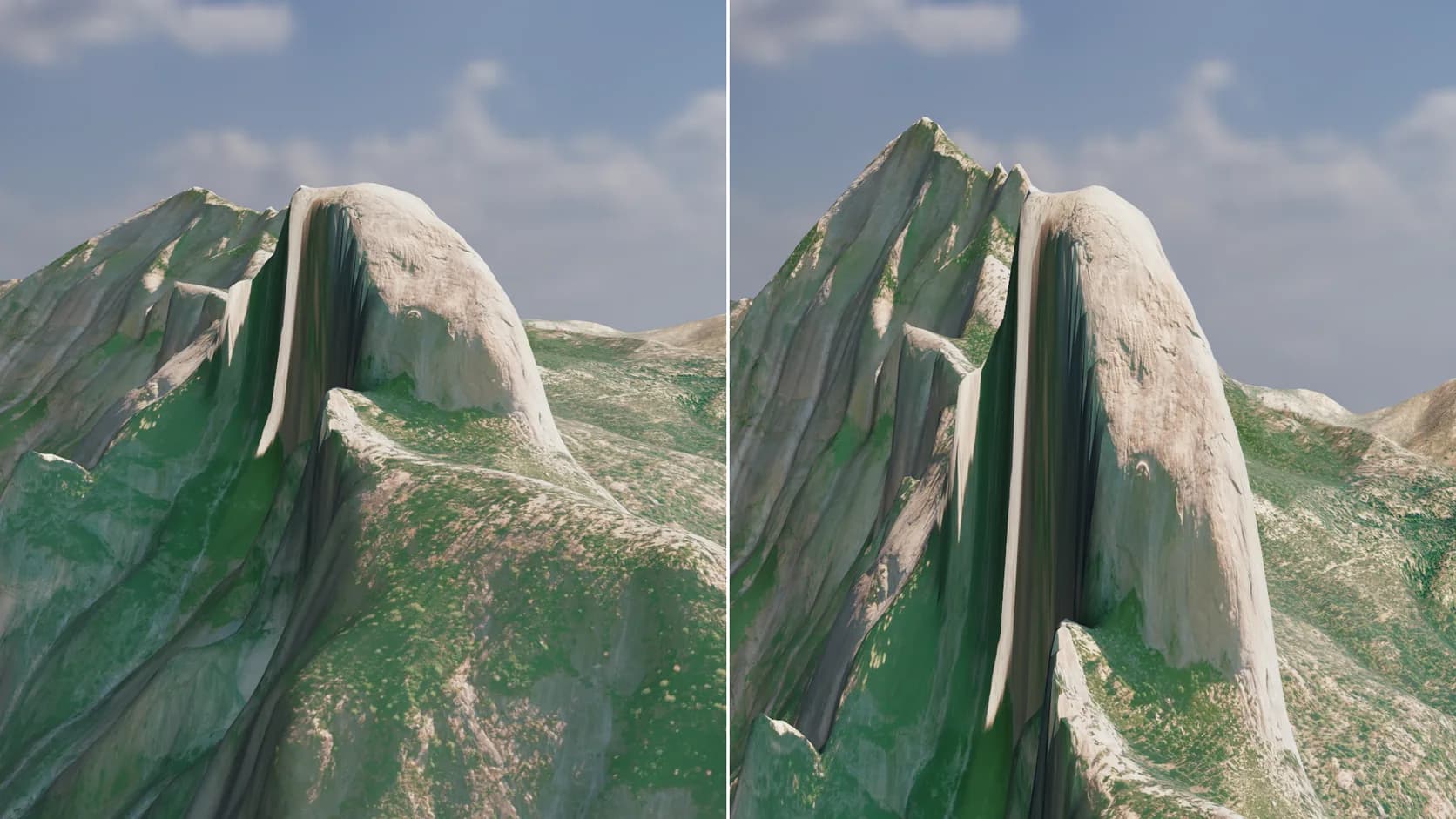 The same landscape at true scale and with doubled vertical exaggeration, side by side