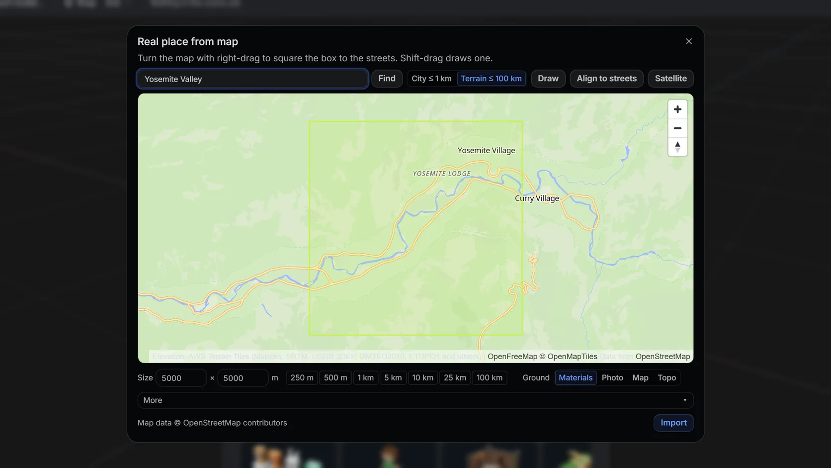 Studio's Real place picker with a box drawn over Yosemite Valley on the map