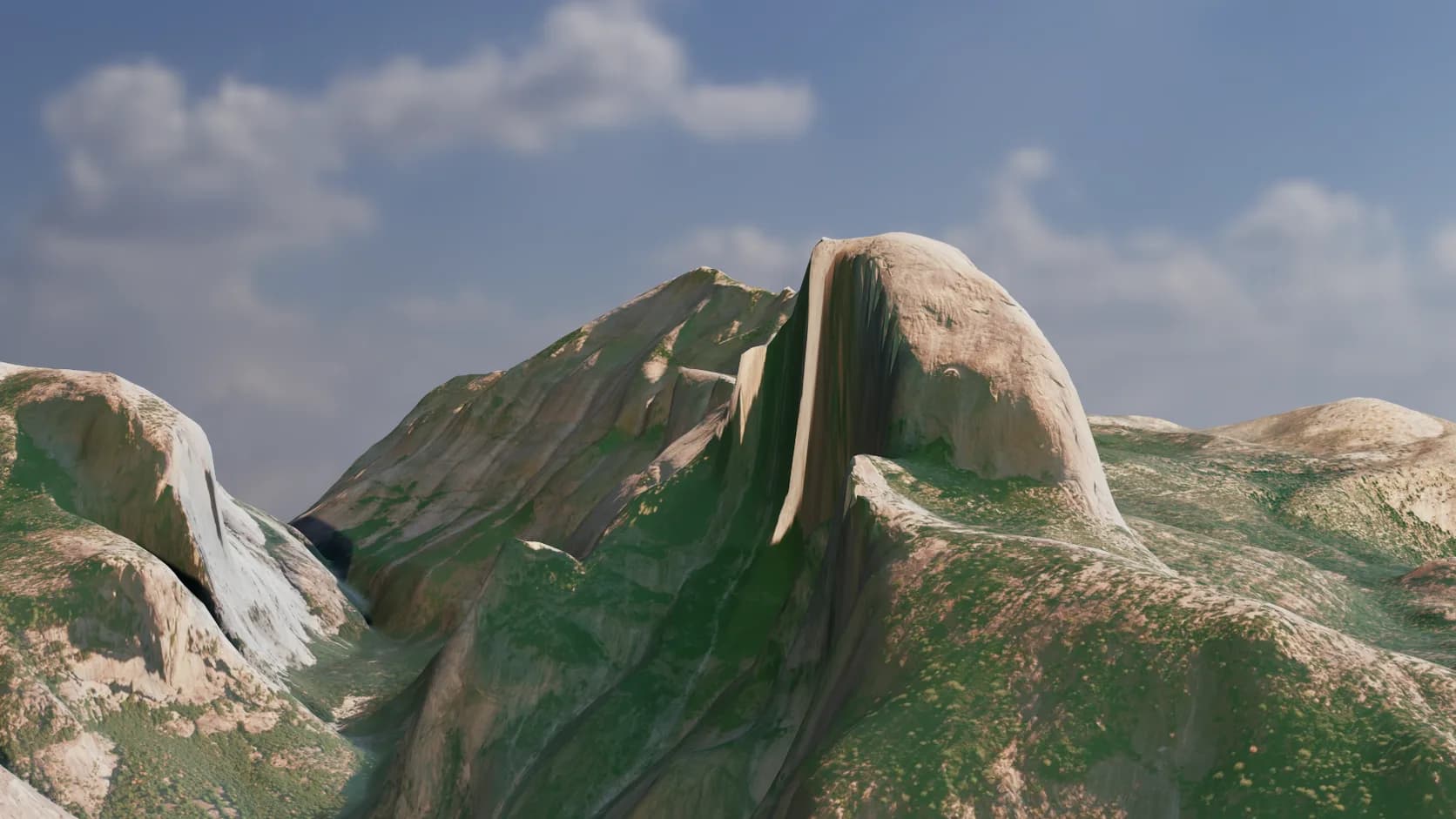 Yosemite Valley and Half Dome rendered as real 3D terrain in evening light