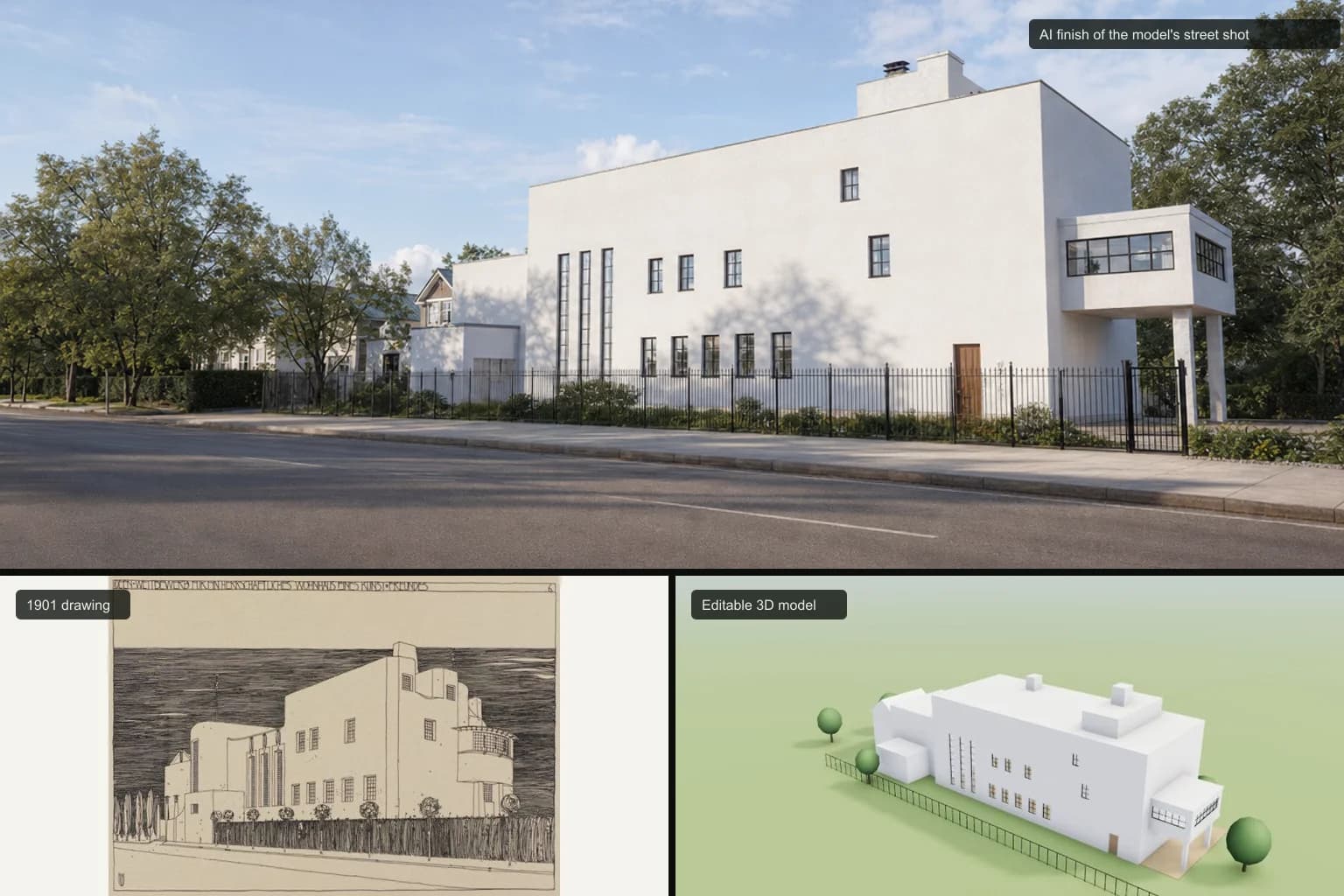 Charles Rennie Mackintosh’un 1901 tarihli çizimi ve ondan kurulan düzenlenebilir 3D model; altında aynı evin fotogerçekçi sokak görünümü