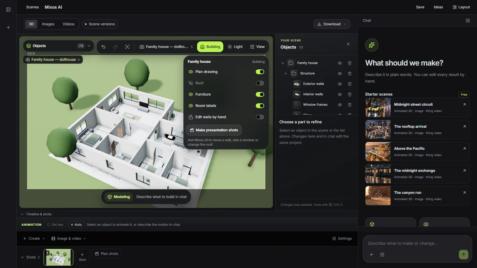Espacio de trabajo de Mixos AI con una casa construida sobre el dibujo de su plano de planta y el panel Building abierto, con interruptores para el dibujo del plano, el tejado, los muebles y las etiquetas de las habitaciones