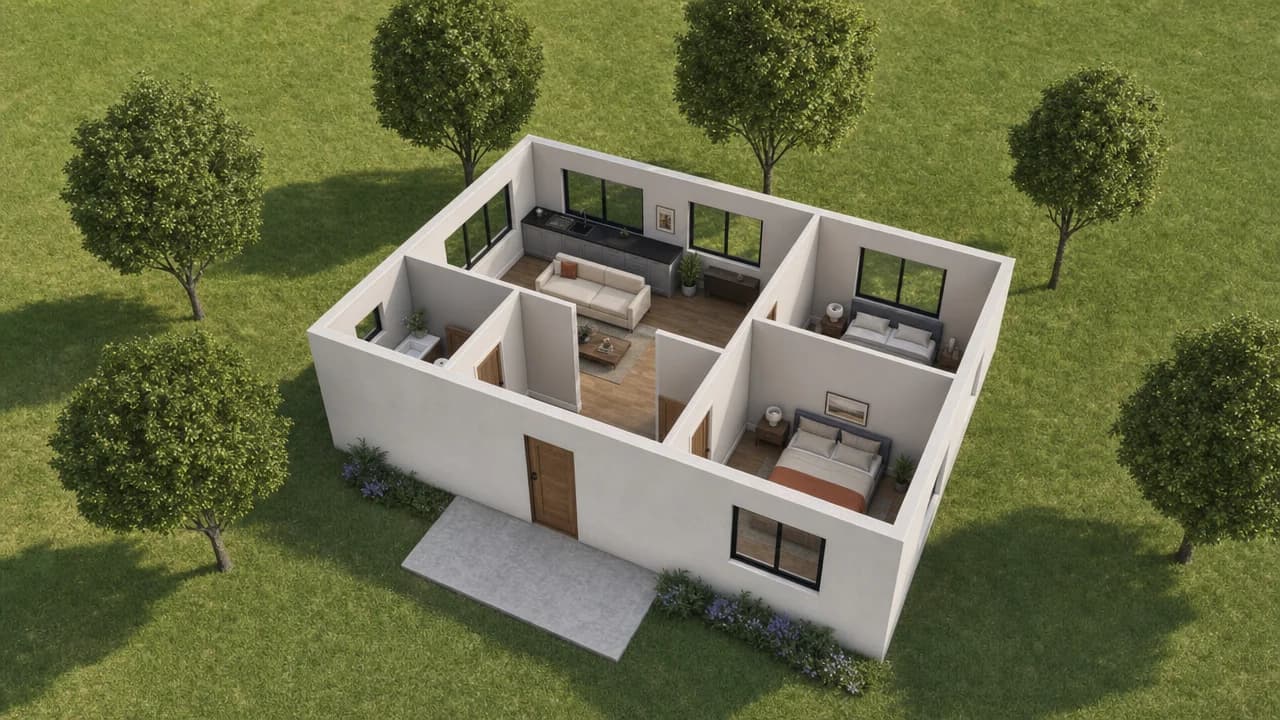 Photoreal cut-away of the cabin with furnished rooms, a porch and trees on a lawn