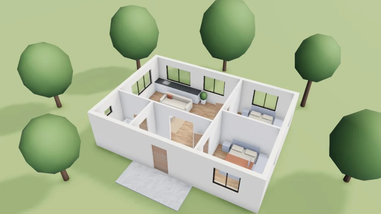 The same cabin as a furnished 3D cut-away seen from above
