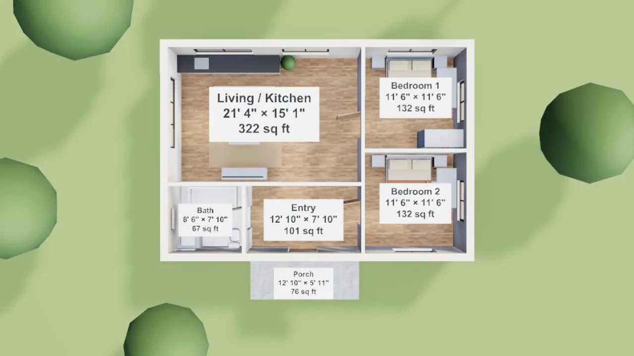 Labelled top-down plan of a two-bedroom cabin with room names, sizes in feet and areas in square feet