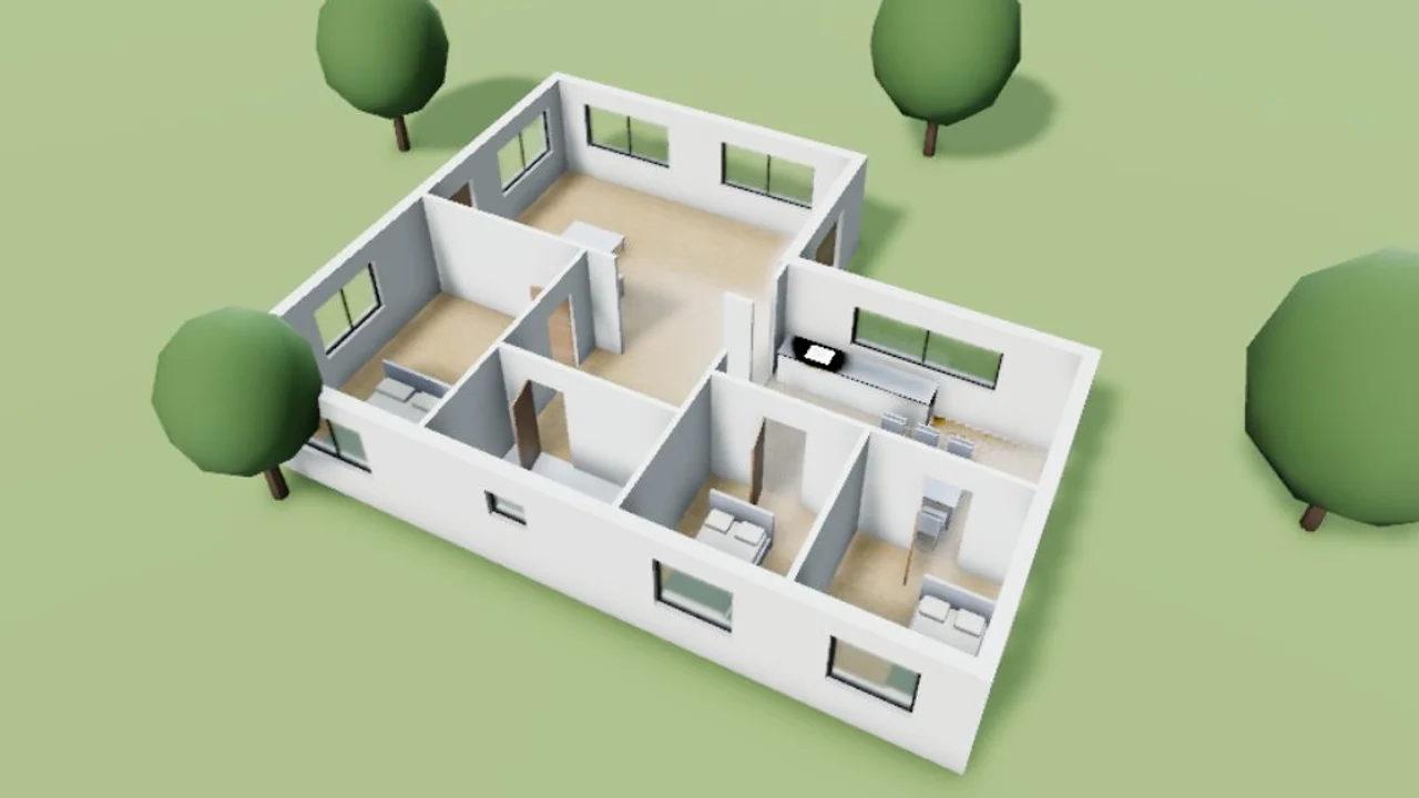The same cut-away from the same camera with the drawing left out and the room floors showing
