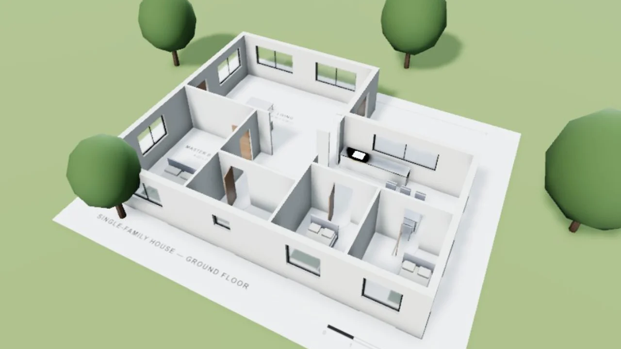 3D cut-away of a single-storey house standing on its black and white floor plan drawing
