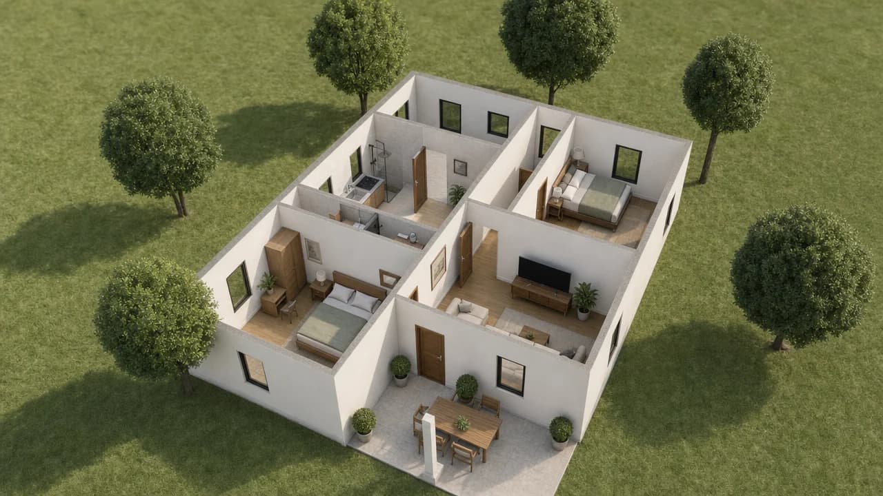 Photoreal cut-away of the surveyed house with furnished rooms, chimneys and a porch