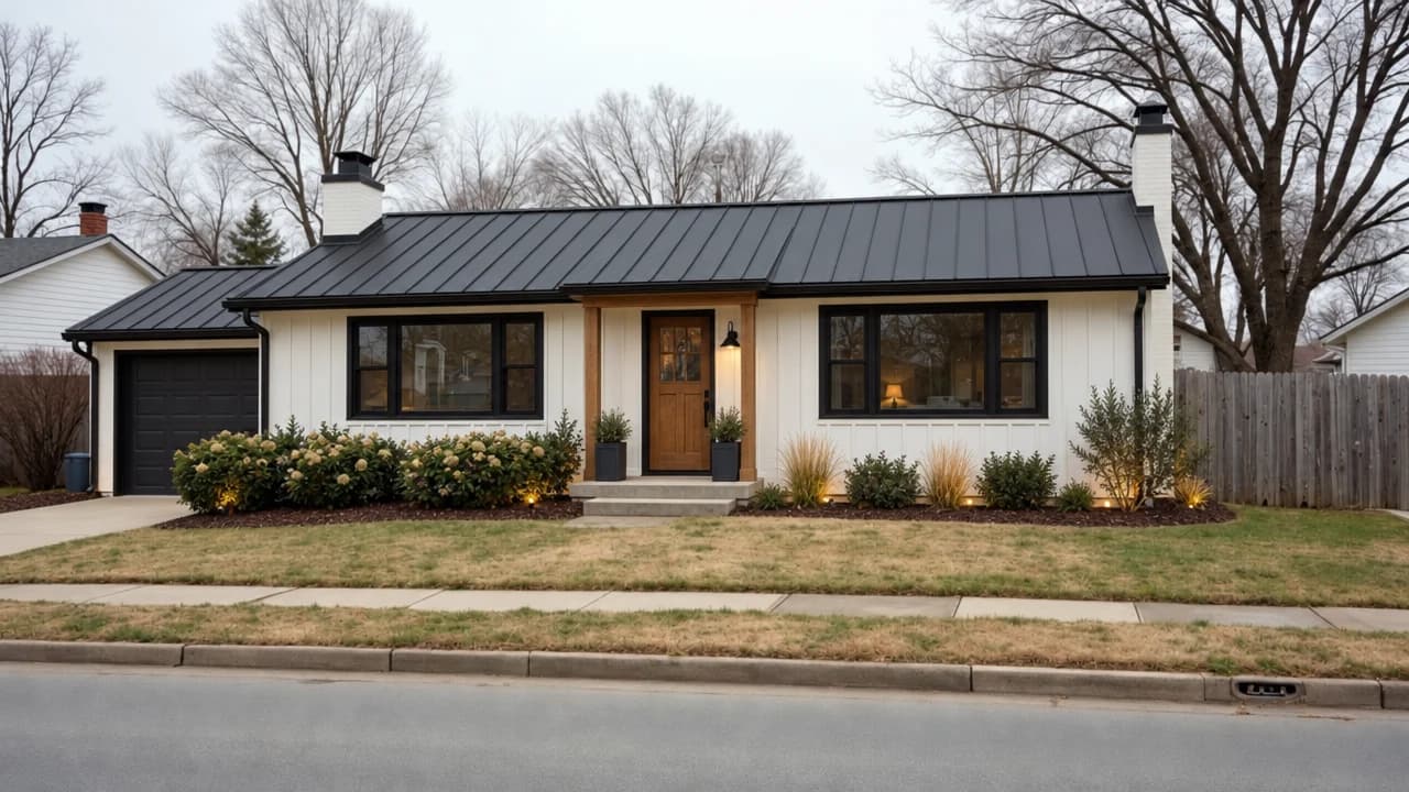 The same house remodelled as a modern farmhouse with white siding and black window frames