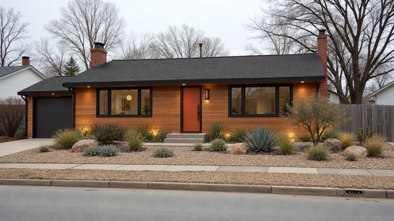 The same house remodelled in a mid-century style with timber cladding and an orange door
