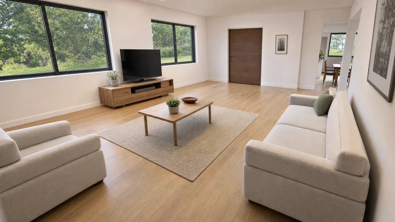 Salón fotorrealista con la misma disposición de muebles y luz natural a través de grandes ventanales