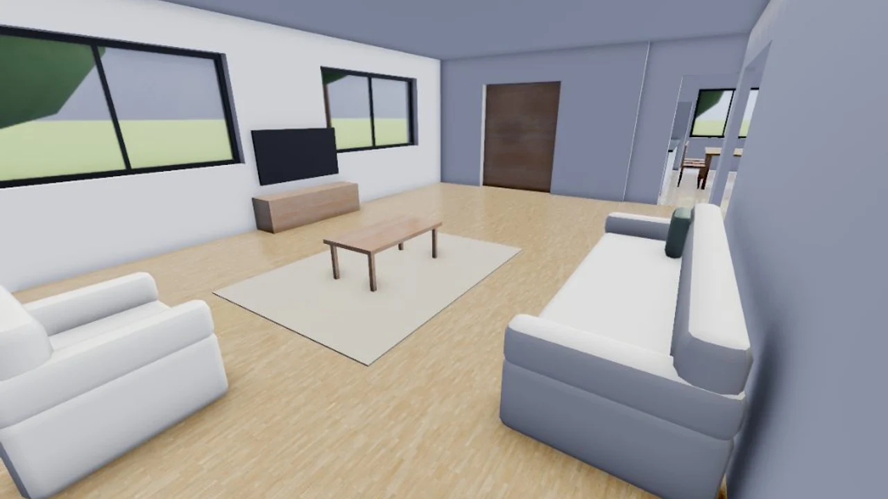 Render de Studio de un salón con sofá, sillón, alfombra y TV a la altura de los ojos