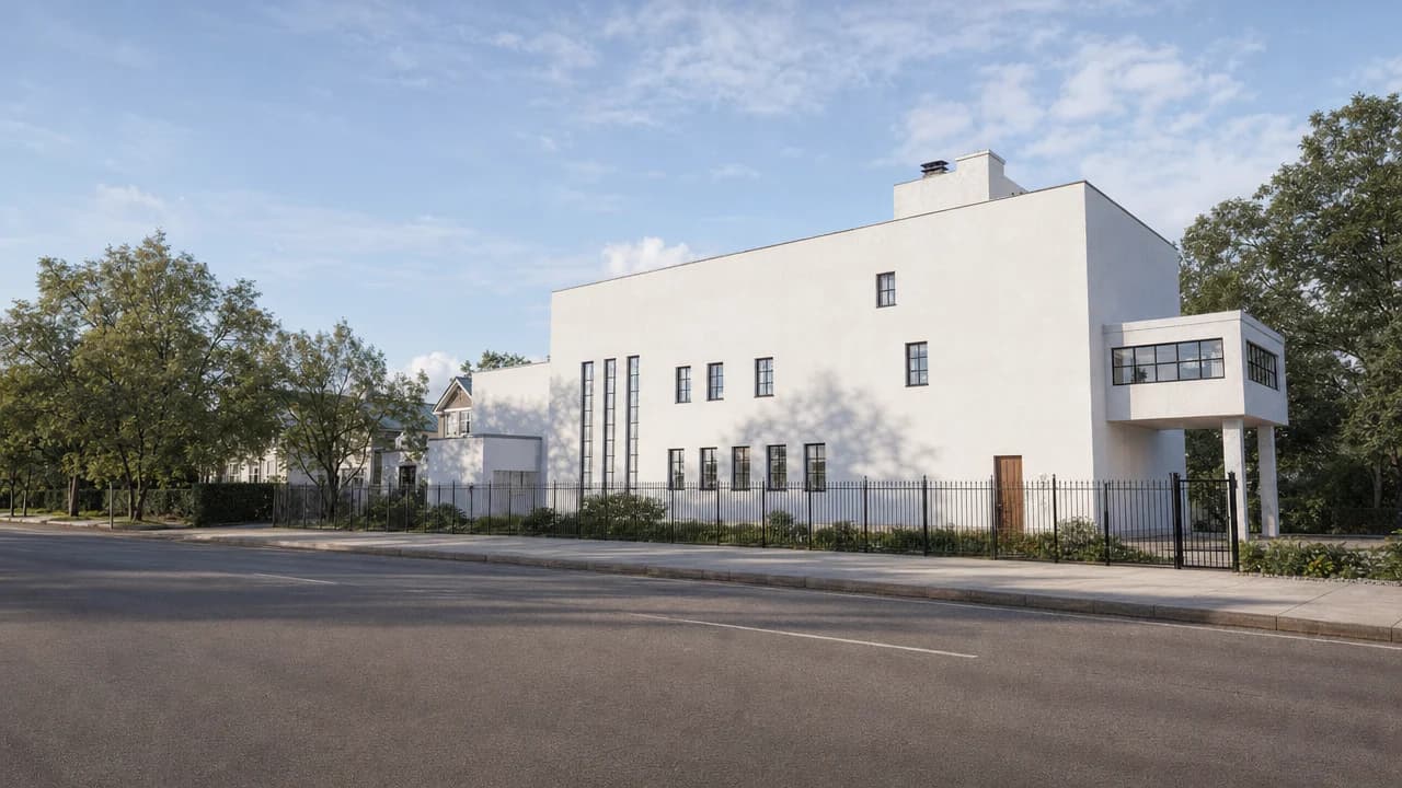 Photoreal street view of the tall white house behind a black railing