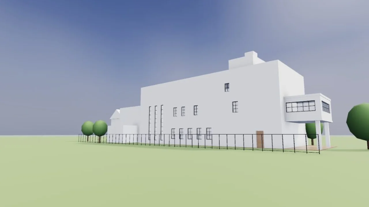 Studio render of the white house from the street at eye level