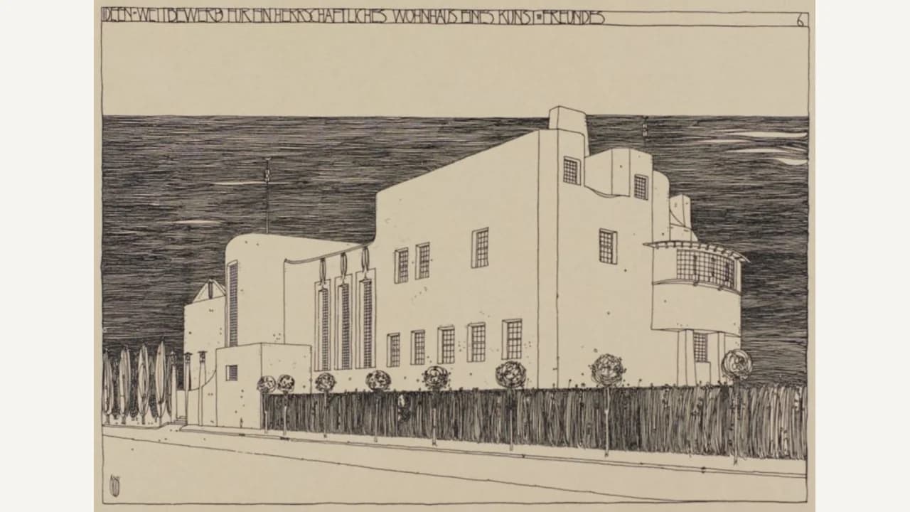 Ink drawing of a tall white house with rows of windows, a stair tower, a bay on posts and a fence along the street
