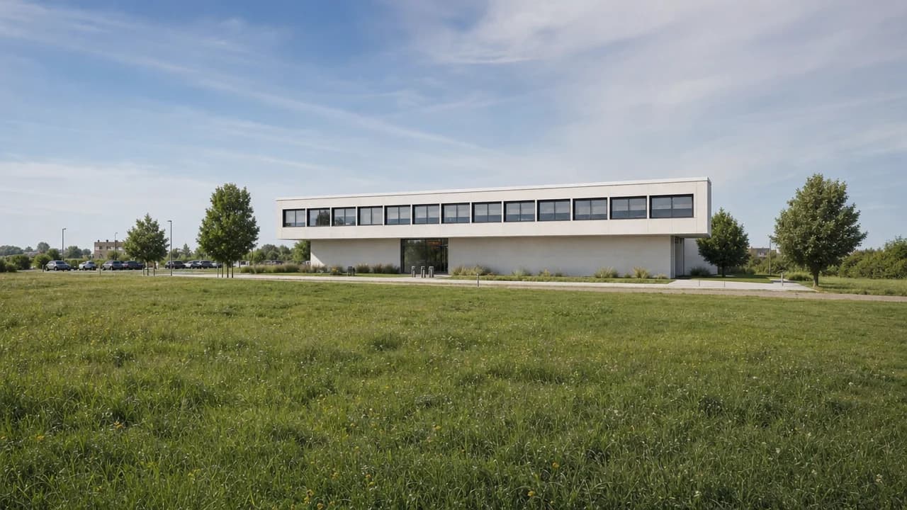Vista stradale fotorealistica di un edificio per uffici bianco con una finestra a nastro continua