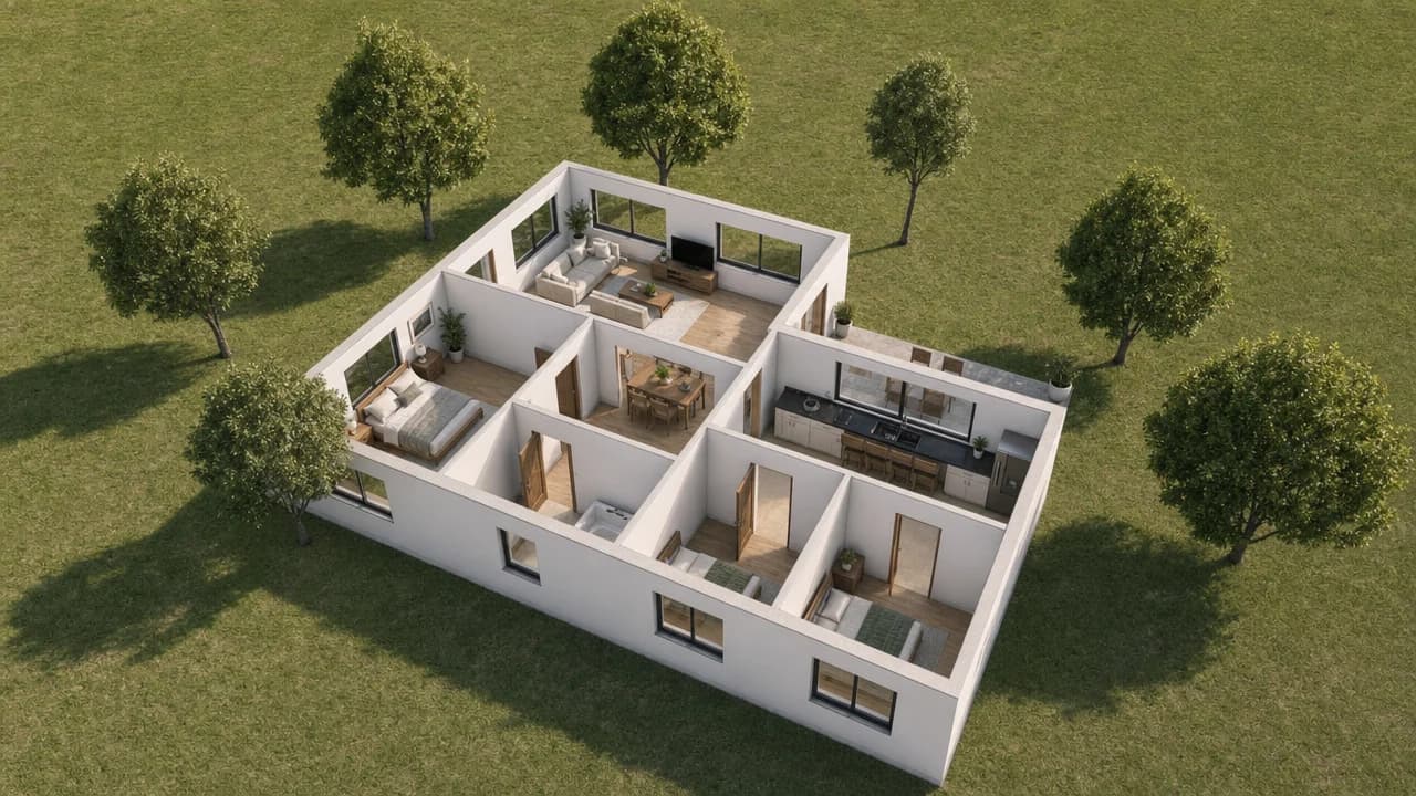 Vista en corte fotorrealista de la misma casa desde arriba, con habitaciones amuebladas y árboles en un césped