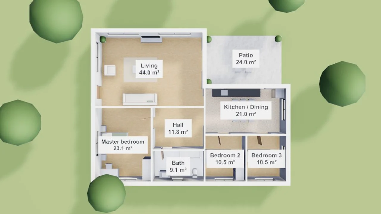 The furnished home from above with a white label in each room giving its name and floor area