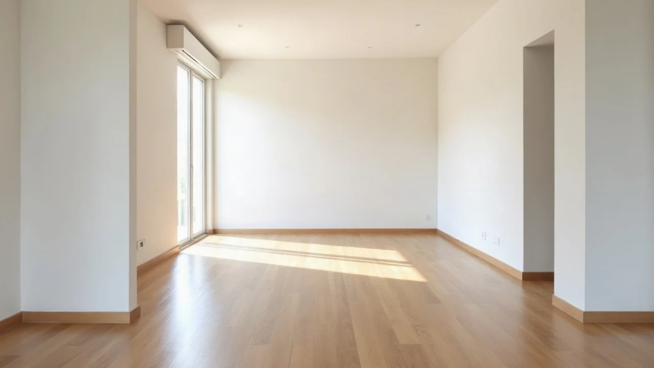 Leeres Wohnzimmer mit Holzboden und einem hohen Fenster