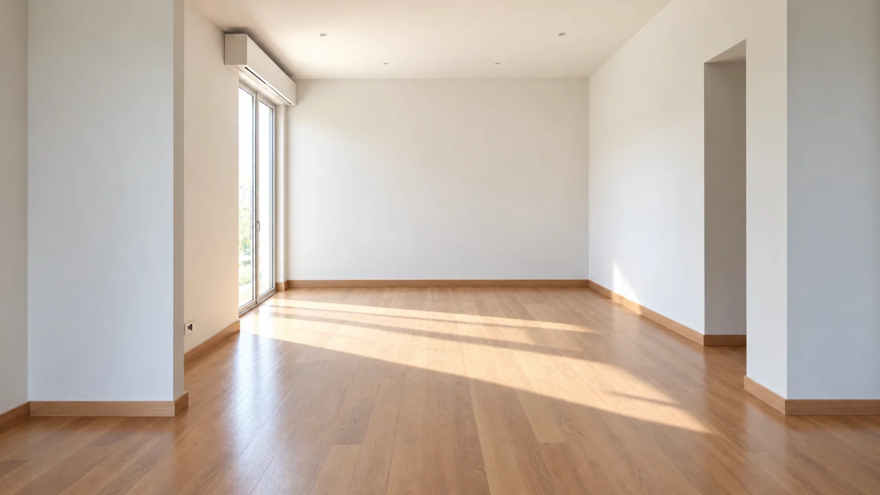 Dasselbe Wohnzimmer leer, mit kahlem Boden und kahlen Wänden