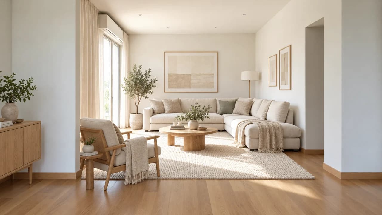 Derselbe Raum im skandinavischen Stil eingerichtet, mit Leinensofa, Eichentisch und Wollteppich