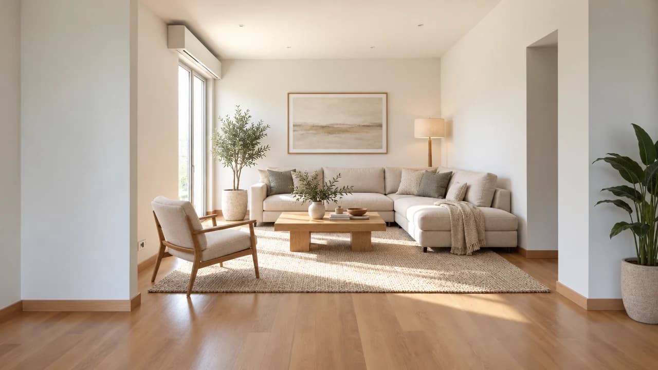 Derselbe Raum eingerichtet mit Sofa, Sessel, Teppich, Couchtisch und Pflanzen