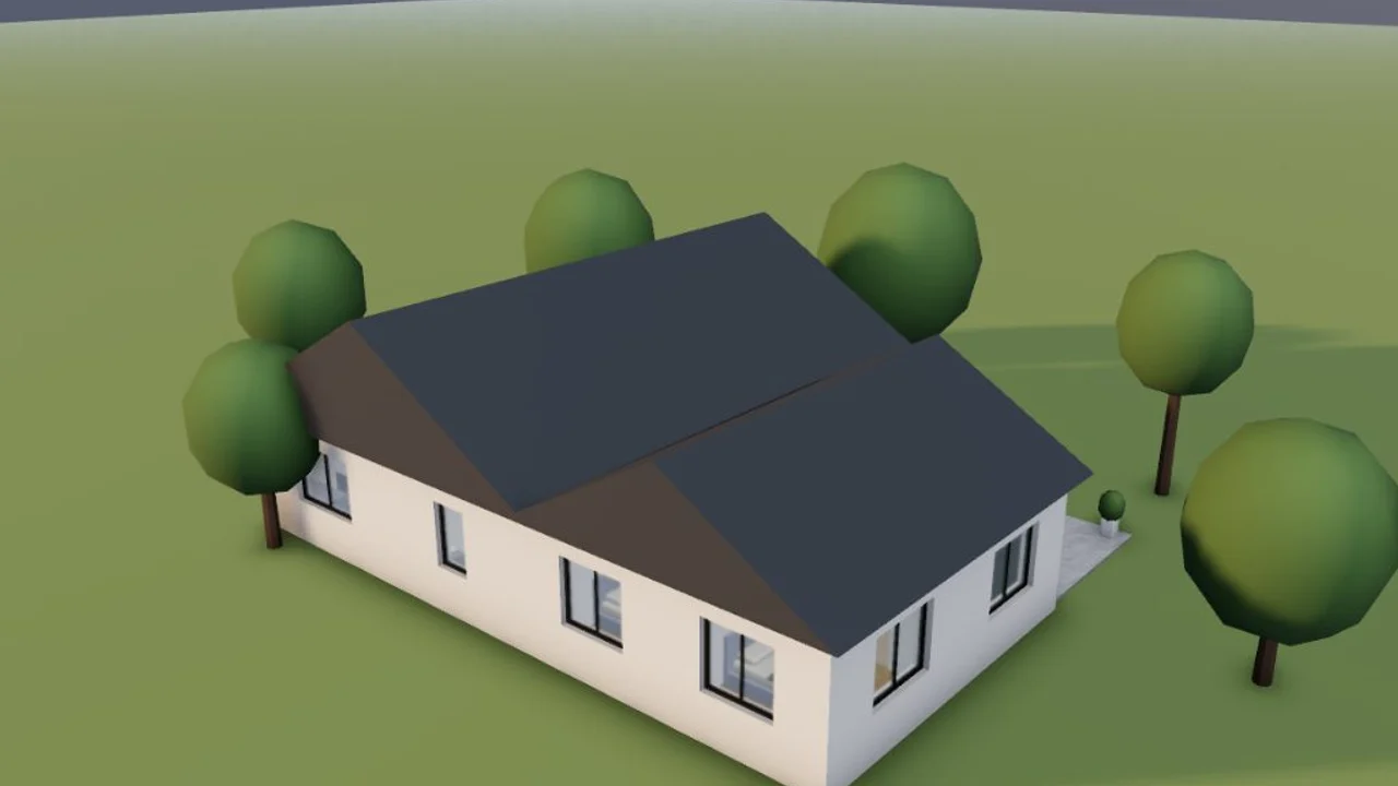 La même maison sous un soleil bas d'après-midi venant du sud-ouest, avec de longues ombres