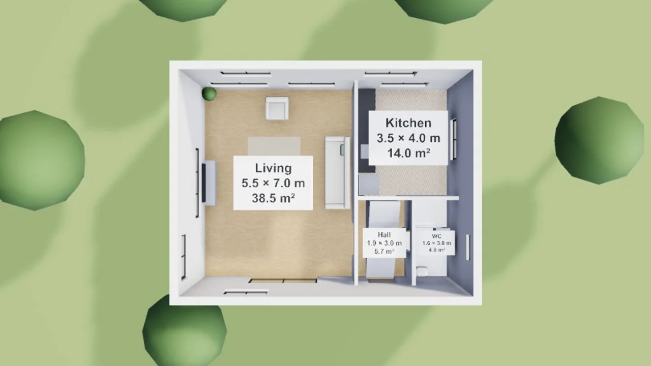 Plano etiquetado de la planta baja de una casa adosada, con salón, cocina, vestíbulo con escalera y aseo