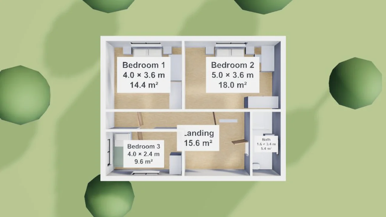 Plano etiquetado de la planta alta de la misma casa adosada, con tres dormitorios, un rellano y un baño