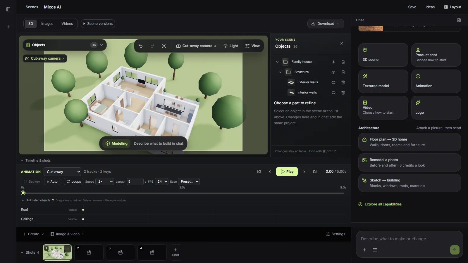 Mixos AI workspace with a house in the 3D view and its presentation shots in the shot strip