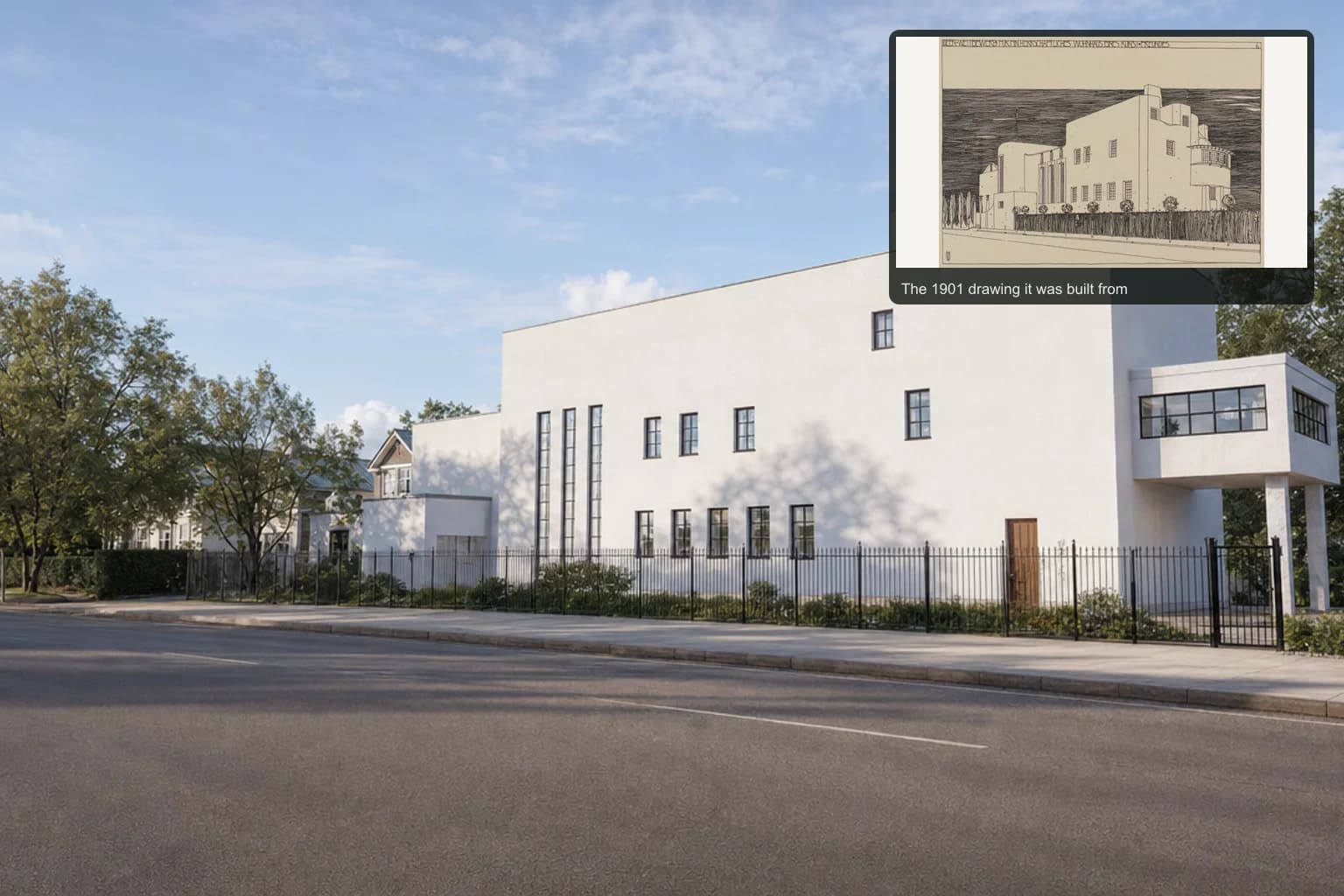 Il disegno del 1901 di Charles Rennie Mackintosh di una casa bianca alta accanto alla stessa casa come render fotorealistico di vista stradale