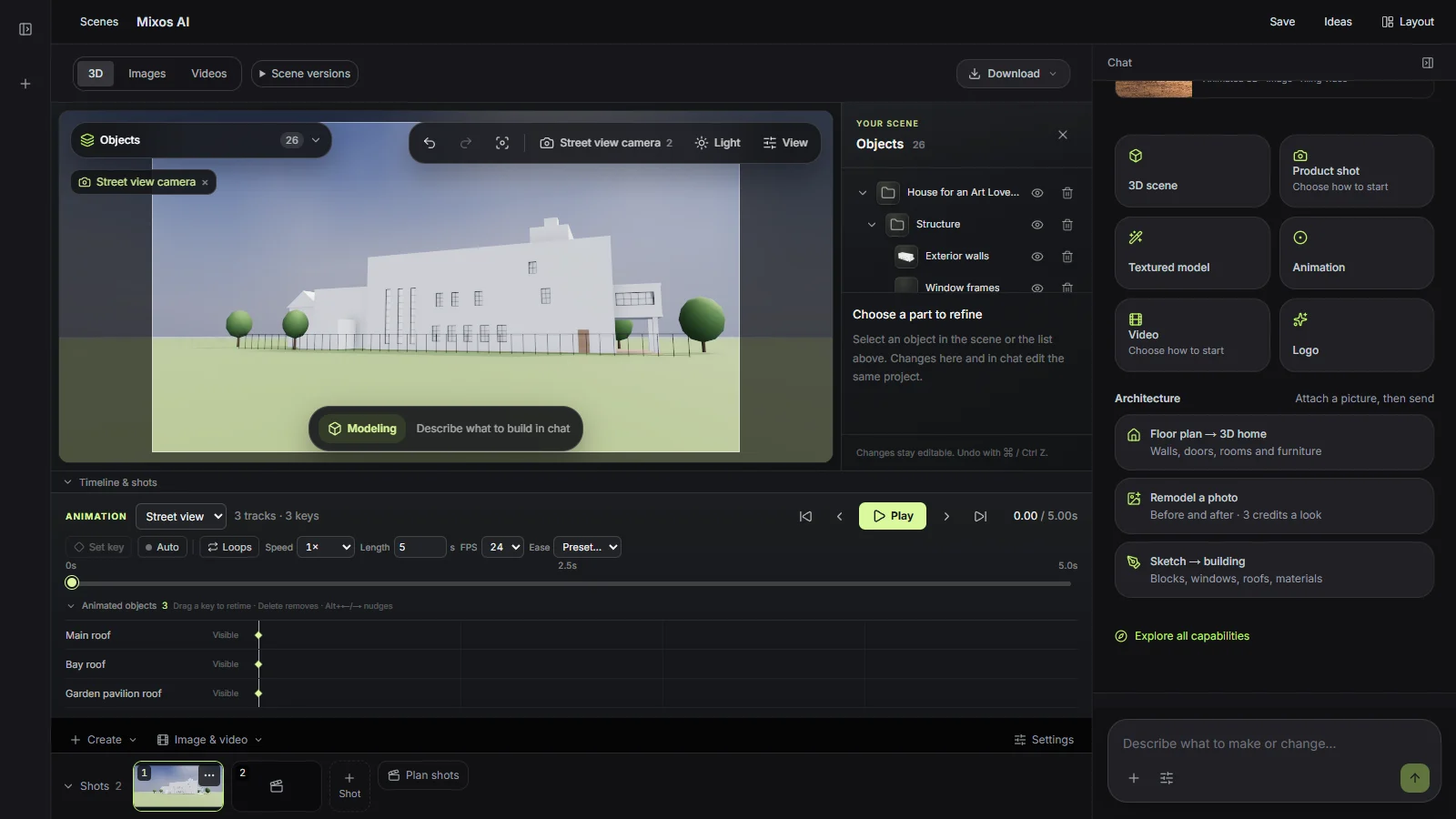 Mixos AI workspace showing a house built from a 1901 drawing in the 3D view with its street and aerial shots