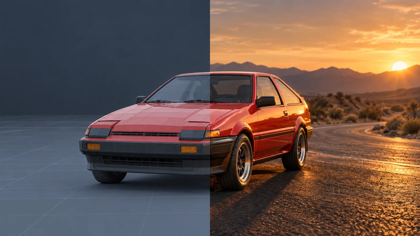 AI-generated concept of a red car shown as 3D geometry beside a cinematic finished image