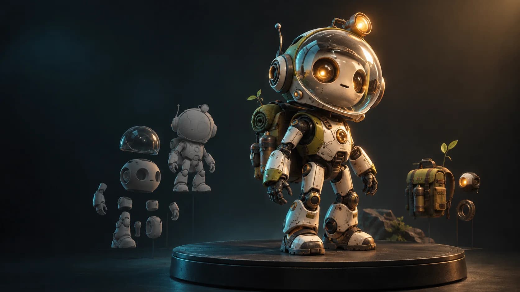 Concept artwork of an original explorer robot model and its separate parts