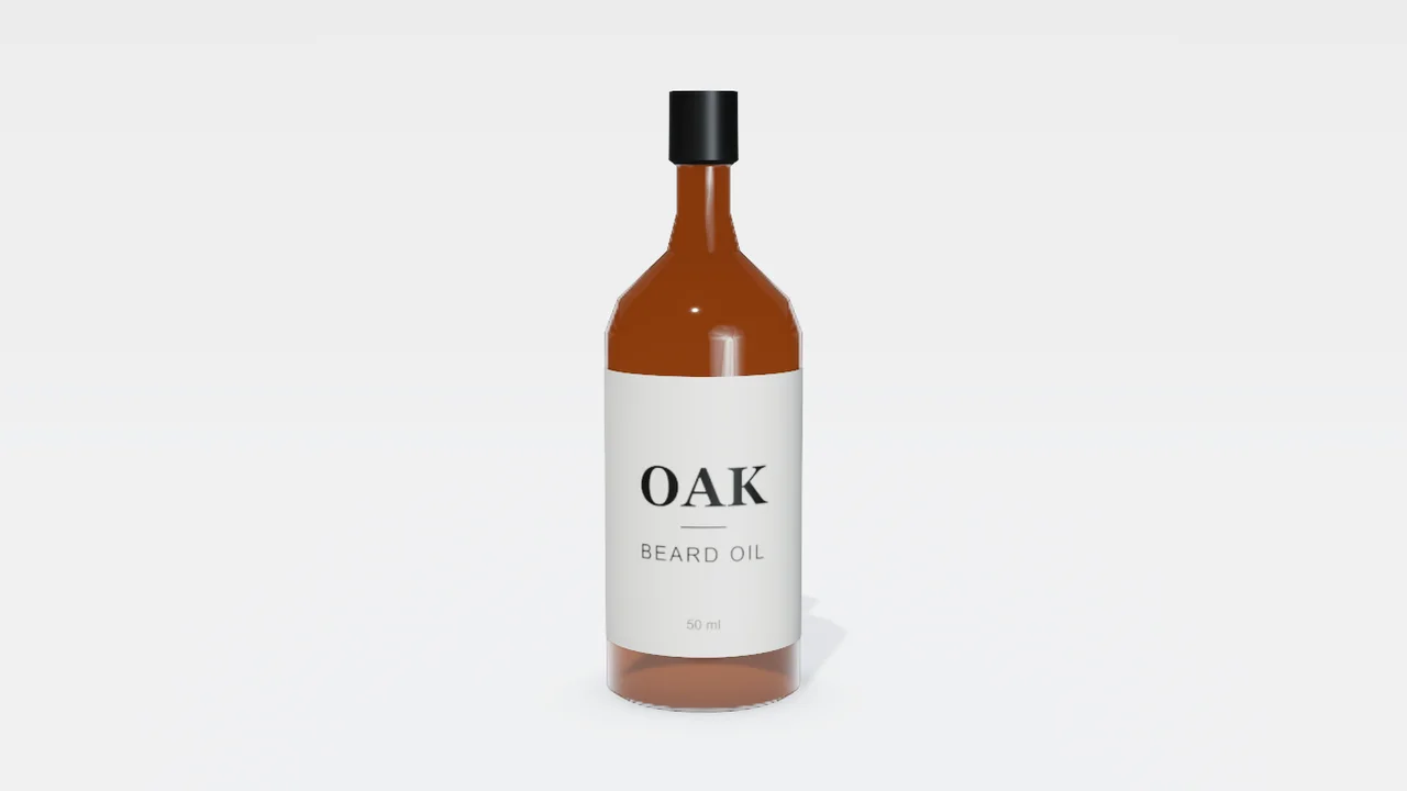 輪廓相同的 3D 琥珀色瓶子,印有 OAK 標籤,白底正面視圖
